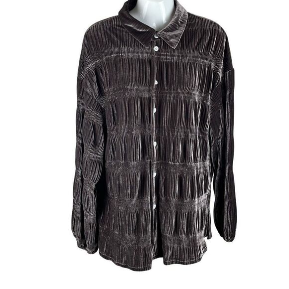 Shirred Velour Button Front Top Cocoa Brown M - Picture 1 of 12